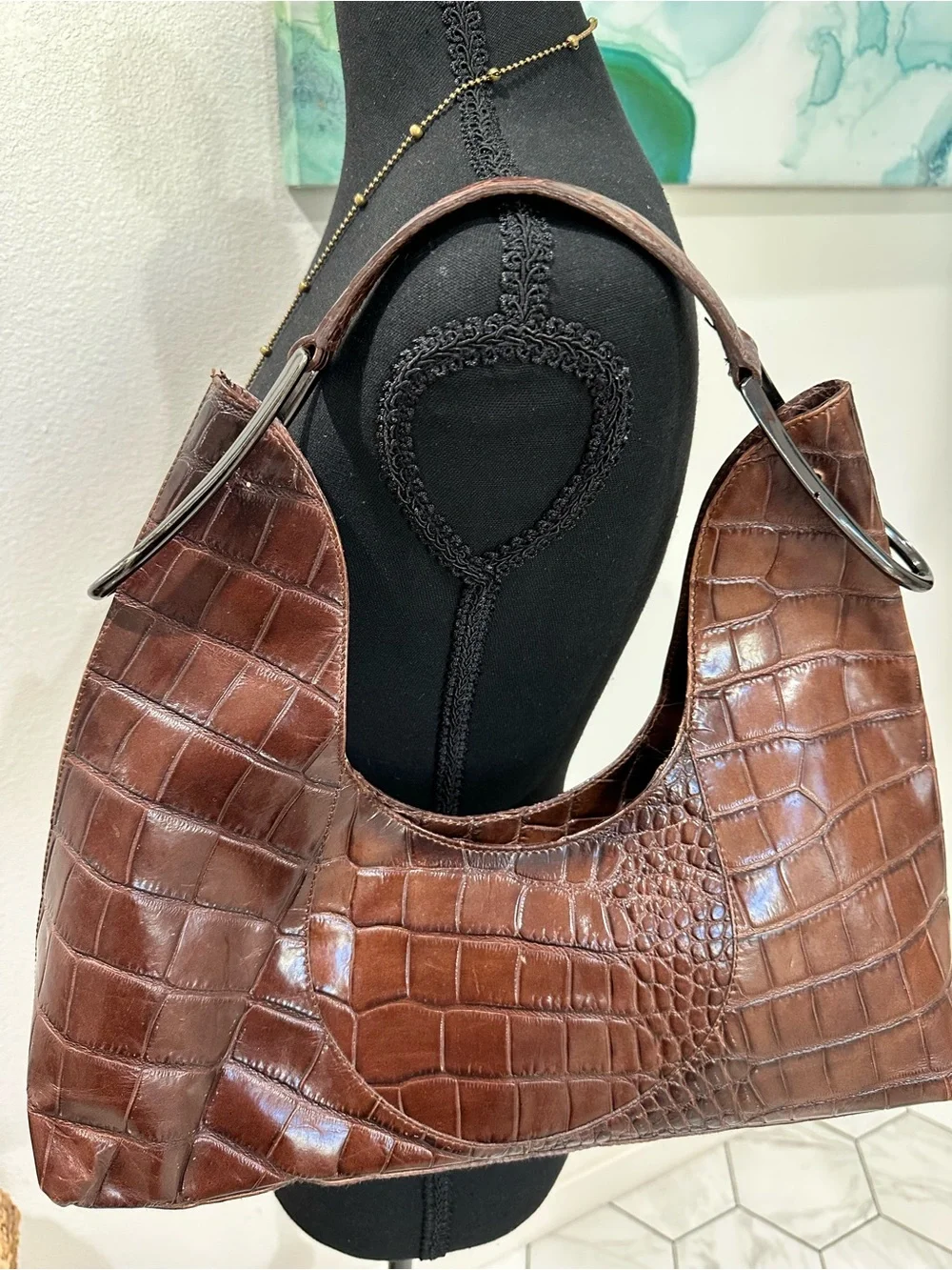 Vintage Furla Brown Croc-Embossed Shoulder Bag with Hoop Detail - Picture 2 of 6